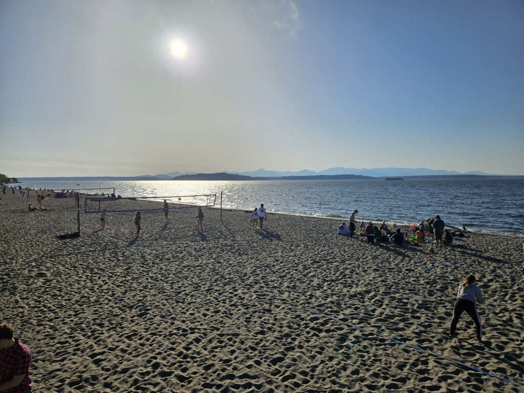 Sunset approaching at Alki Beach, great for open water swimming and volleyball