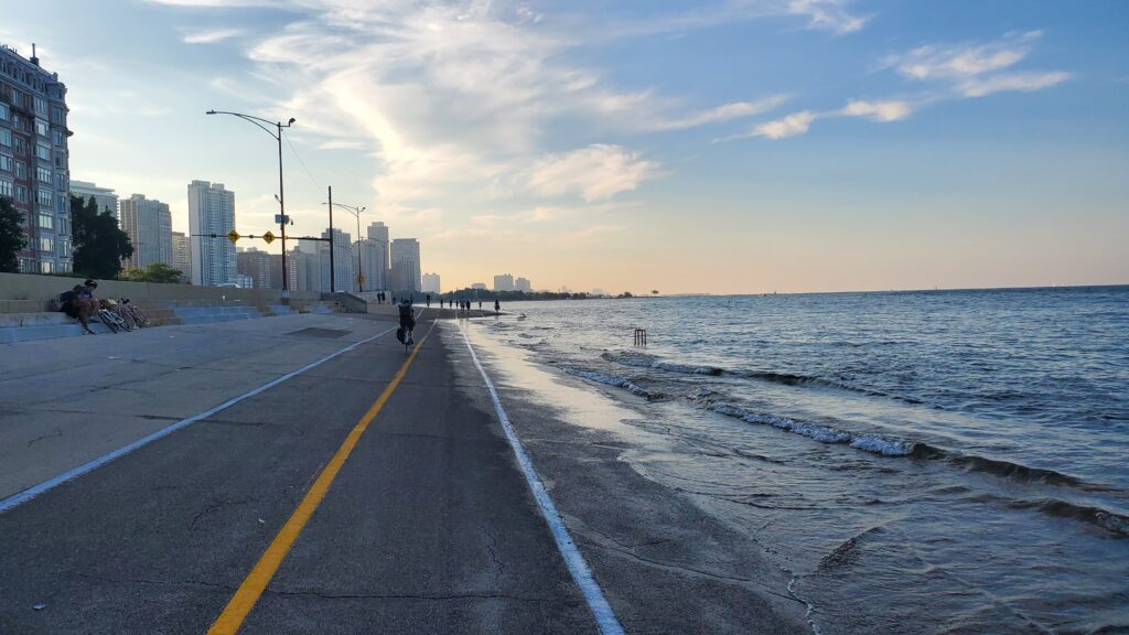 The lake shore patch alongside the designated open water swimming area at Ohio Street Beach in Chicago