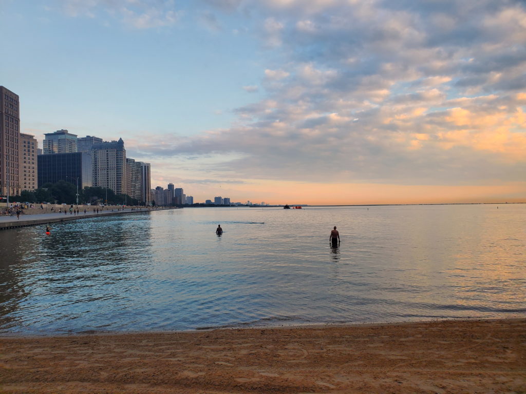 North view from Ohio street Beach open water swimming area in Chicago