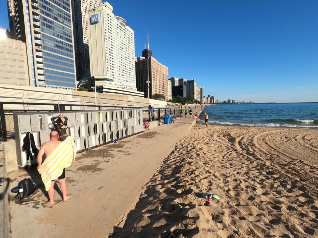 Lockers make changing and storage of gear easy at the open water swimming area at Ohio Street Beach in Chicago