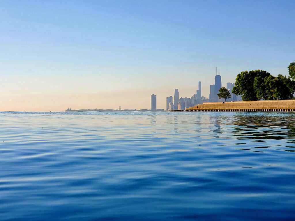 Chicago skyline seen from an open water swim north of Belmont harbor