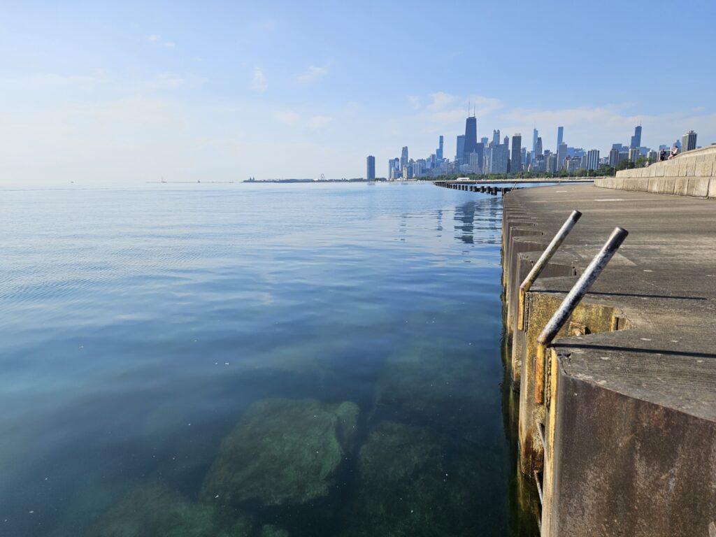 Open water swimming Ladder from the tiered seawall into Lake Michigan at Fullerton