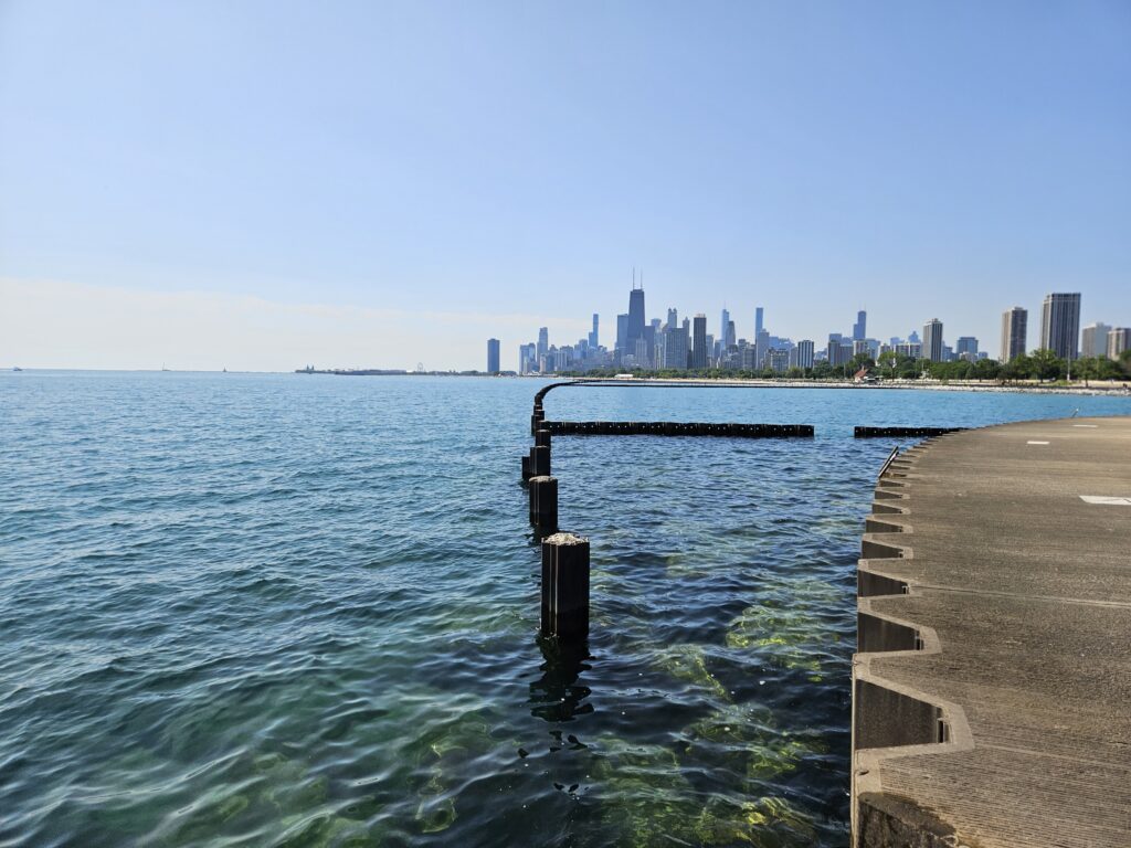 Steel pilings chart an open water swim course from Fullerton beach to North Avenue Beach
